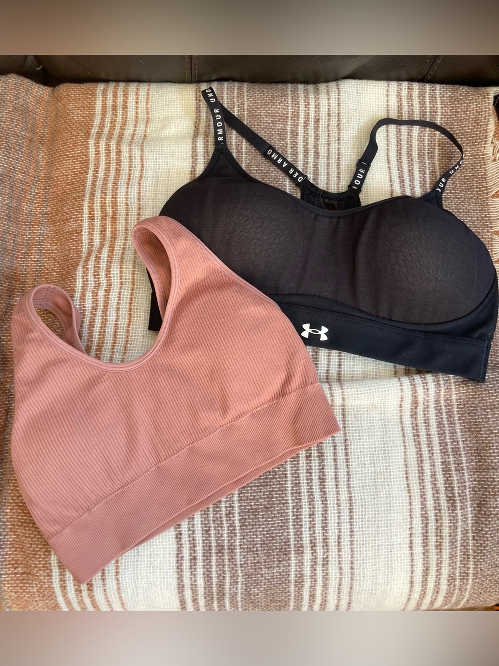 aerie Ribbed Dusty Rose Bralette, Black Under Armour Sports Bra Duo Bundle